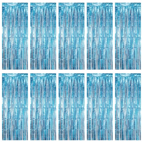 Ohiyoo 10 Pack Teal Blue Foil Curtain Backdrop 3.2ft x 9.8ft Metallic Tinsel Foil Fringe Curtains Streamer Photo Booth Backdrop for Birthday Party Halloween Christmas New Year Party Supply