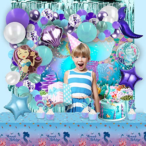 Image of PARTY SPOT!112 PCS Little Mermaid Party Decorations,Girls Mermaid Balloon Garland with Background Cloth,Tablecloth Mermaid Tail Balloon,Tassel Curtain Birthday Decorations