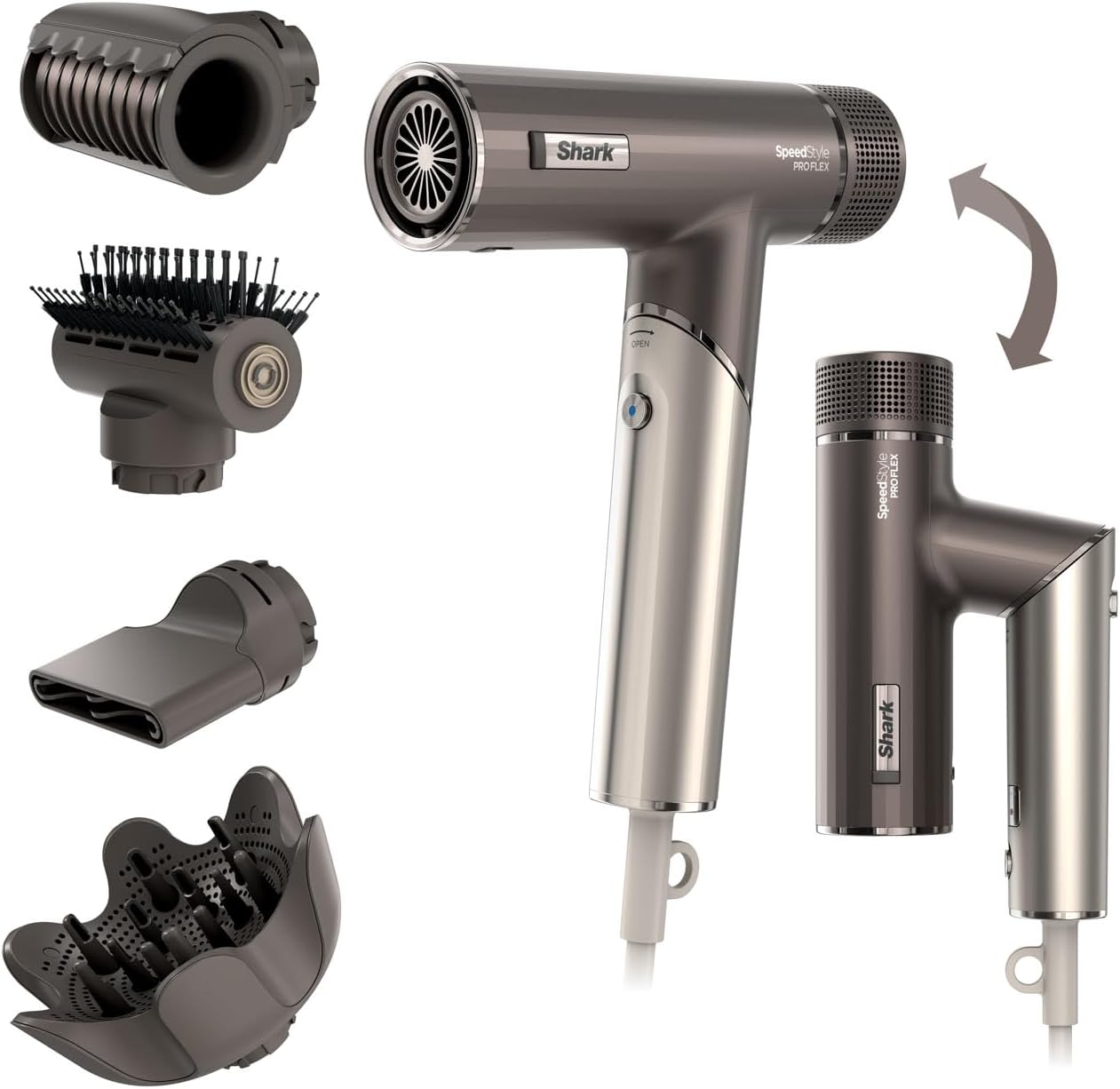 Shark SpeedStyle Pro FLEX Hair Dryer, High Performance High-Velocity Hair-Dryer w 4 Styling Attachments, Lightweight, Ionic, No Heat Damage, Folding Handle, For All Hair Types, Mocha Silver HD542UK