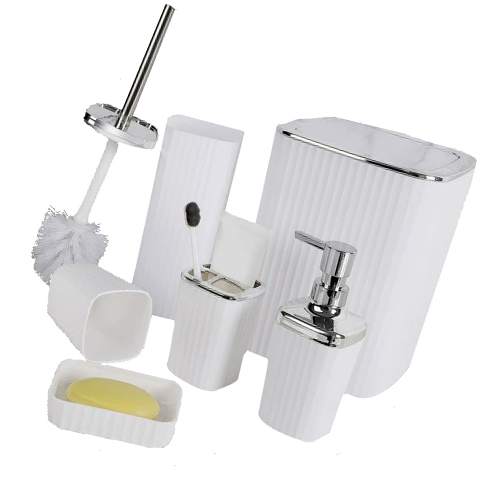 Juego completo de 6 piezas esenciales para el baño con soporte para cepillo de dientes, dispensador de jabón líquido de manos, bote de basura, dispensador de jabón reutilizable y juego de vasos para