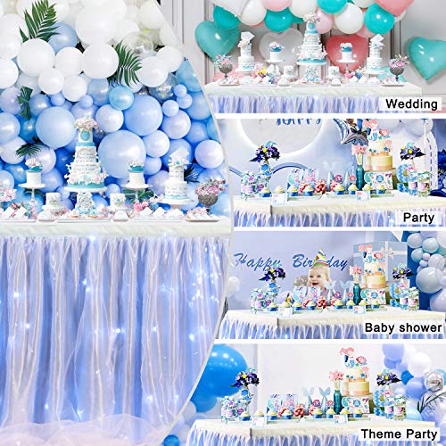 Blue Tulle Table Skirt Ruffle Table Cloth With Led String Lights For Rectangle Or Round Table, Christmas, Wedding, Birthday, Baby Shower, Party Supplies, 6 X 2.5 Ft #TOP5