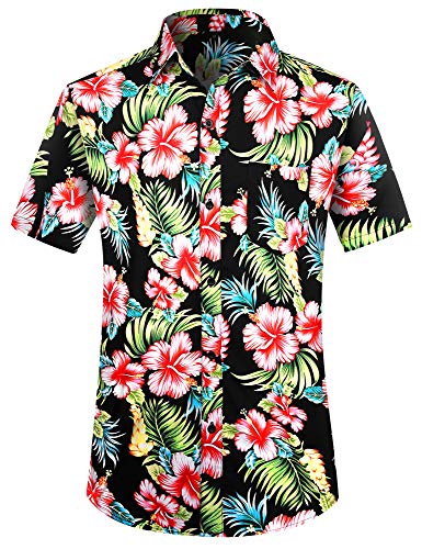 PEGENO Men's Fashion Front-Pocket Tropical Hawaiian Short Sleeve Cotton Flower Shirt Red Hibiscus-L