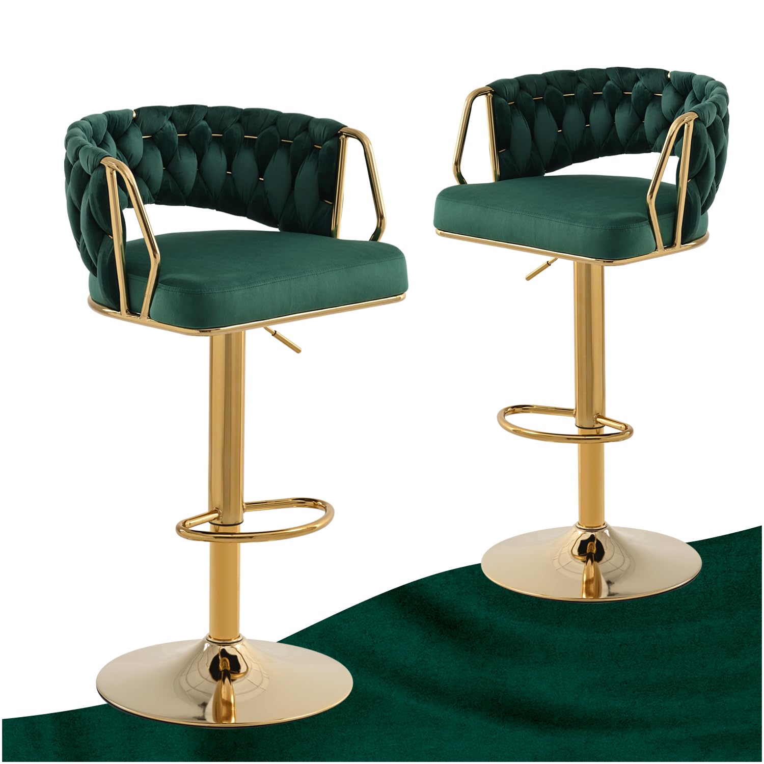 Set of 2 High Kitchen Stools – Velvet Bar Stools Adjustable in Height from 63 to 83 cm – High Chairs with Medium Back and Arm – Gold and Green