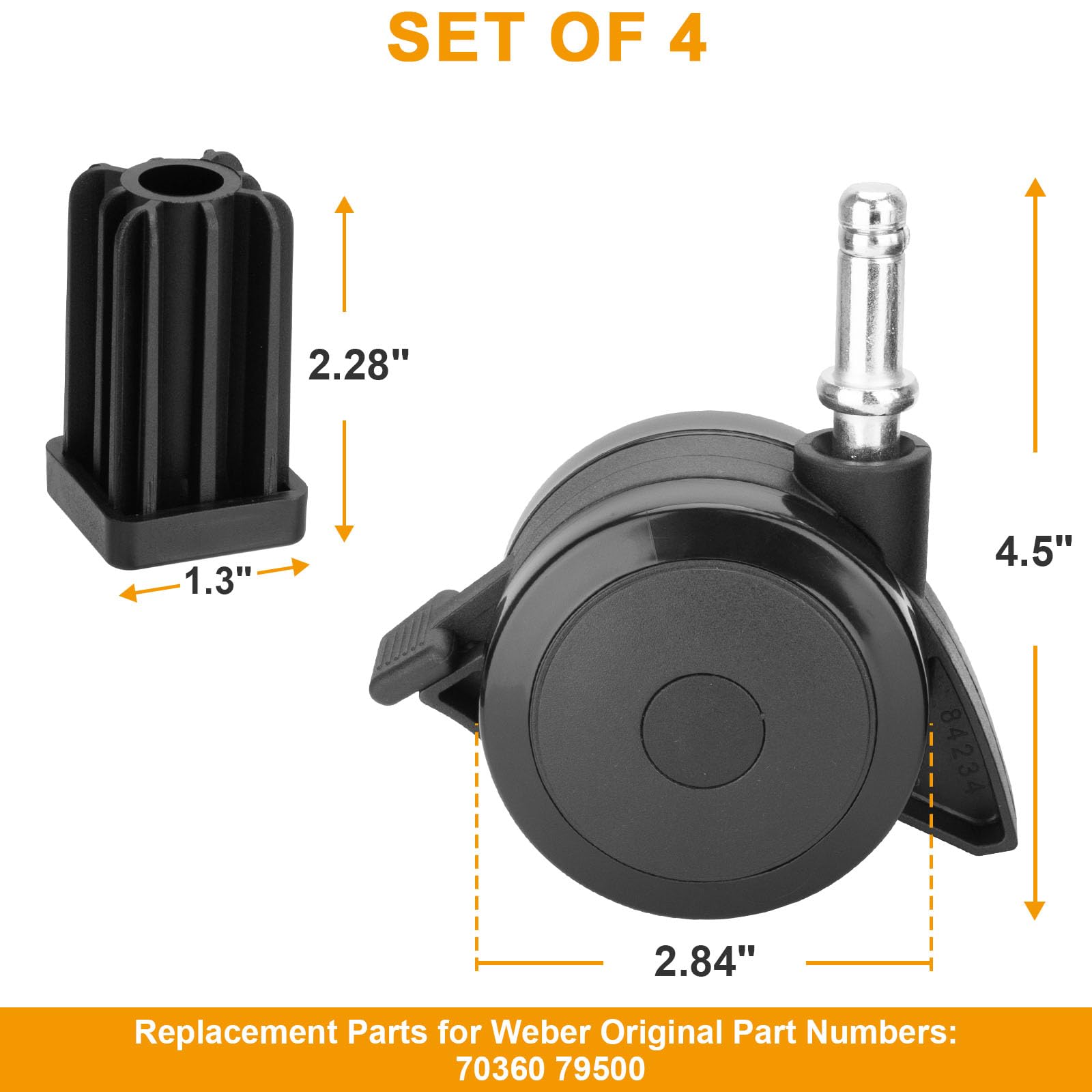 70360 Set di 4 ruote girevoli con blocco e kit di inserti, parti di ricambio per Weber Spirit Series 2009-2012, Genesis Series 2007-2011 e Summit Series 2007-2011 griglie a gas