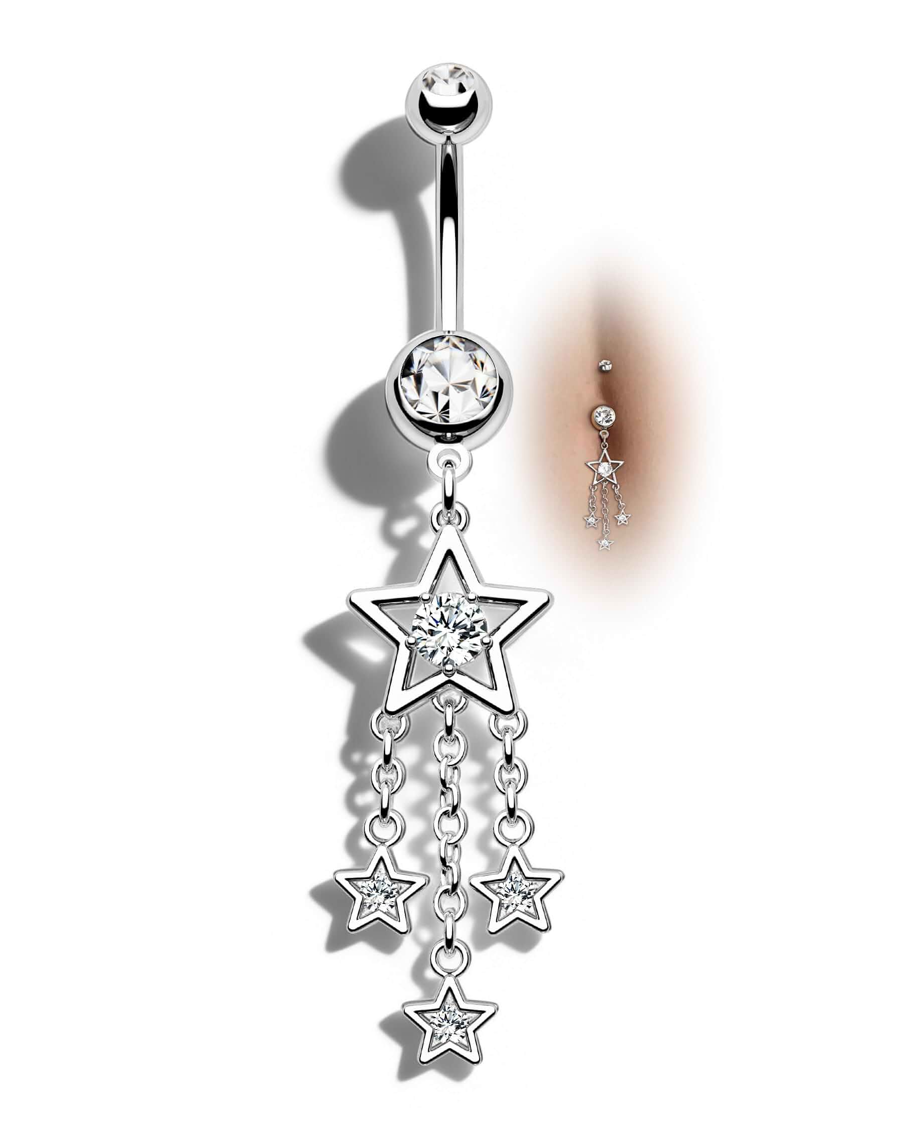 Agrewd Dangle Belly Button Rings 14G Star Dangly Belly Navel Rings for Women Silver Belly Piercing Jewelry Dangling Stainl...