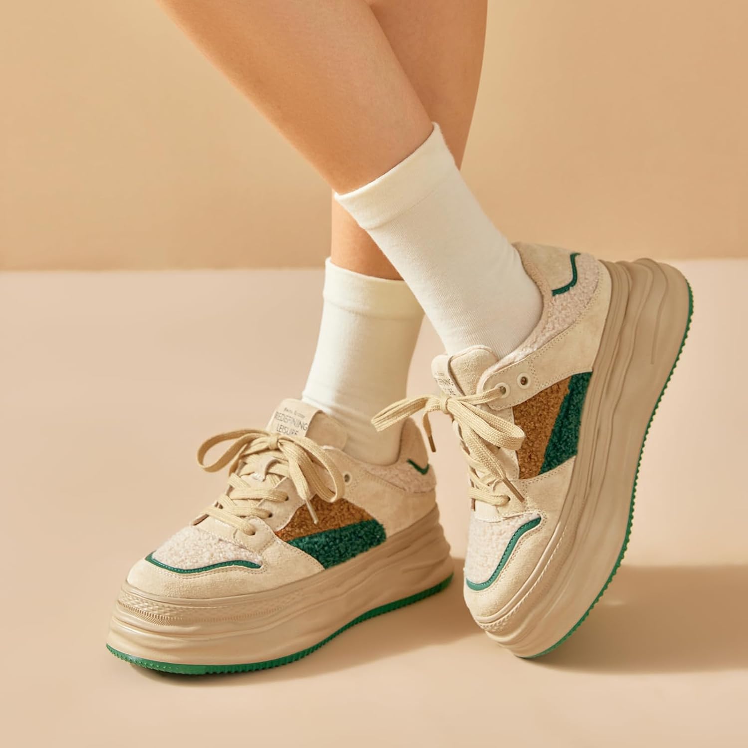 BEAU TODAY Fur Lined Winter Sneakers for Women, Womens Chunky Platform Warm Sneakers, Comfortable Suede Snow Lace-up Non-Slip Round Toe Casual Snow Walking Tennis Shoes - Image 5