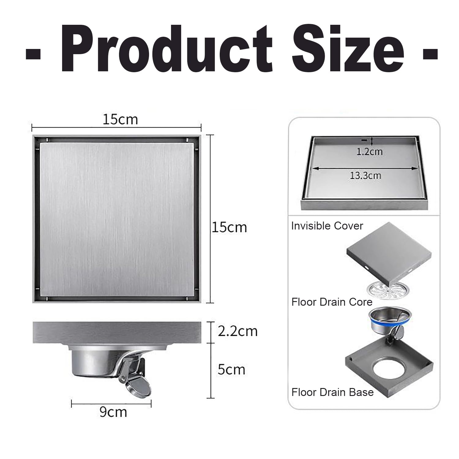 15x15cm Piletta Doccia,Scarico Doccia,Piletta Doccia Piatto Piastrellabile Sifone a 360° con Filtro Antiodore e Anti-Capelli per Doccia Walk-in,Materiale in Acciaio Inox