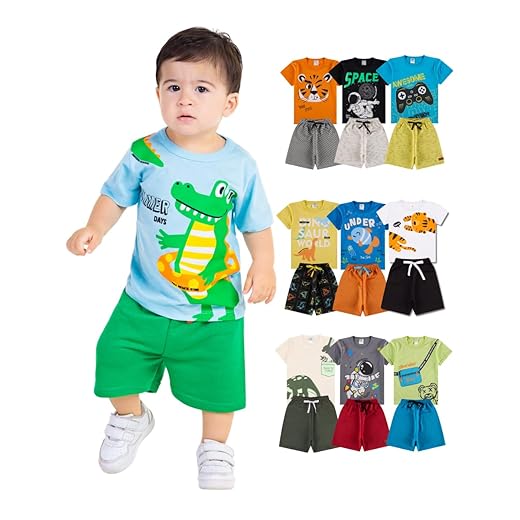 Kit Sortido 10 Peças de Roupas Infantil Menino - 5 Conjuntos Curtos Masculino Bebê Verão