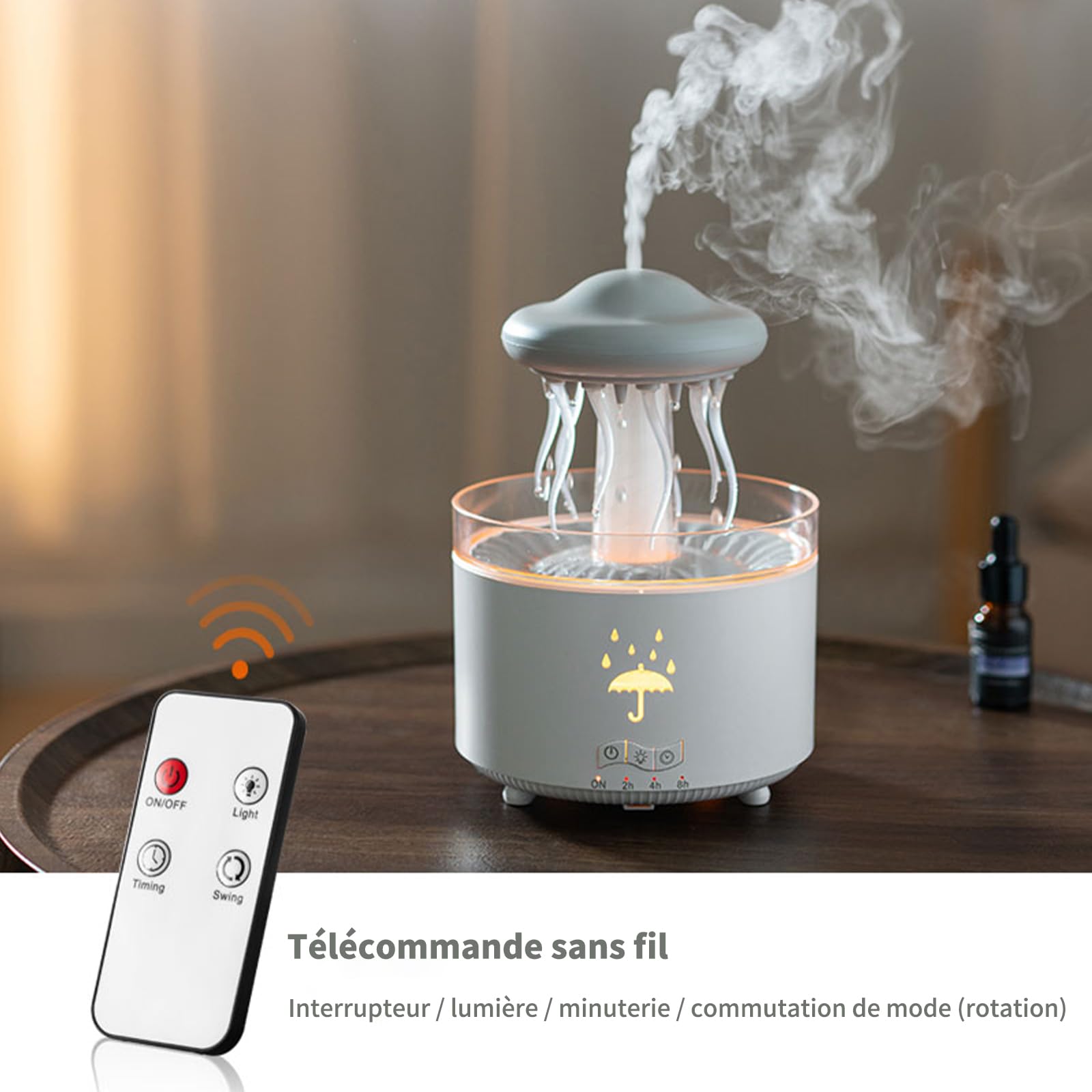 Humidificateur de Chambre à Coucher, Humidificateur de Méduse à Effet de Goutte d'eau 7 Couleurs, Diffuseur d'aromathérapie 300ml avec Télécommande et Minuterie, Cadeaux Amusants (Blanc)