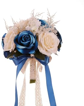 LEIFENY Wedding Bouquets for Bride, Champagne White & Royal Blue Bridal Bridesmaid Wedding Flowers, Artificial Toss Rose for Civil Ceremony Hollow Lace Ribbon Handle