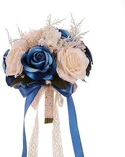 LEIFENY Wedding Bouquets for Bride, Champagne White & Royal Blue Bridal Bridesmaid Wedding Flowers, Artificial Toss Rose for Civil Ceremony (Hollow Lace Ribbon Handle)