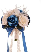 LEIFENY Wedding Bouquets for Bride, Champagne White & Royal Blue Bridal Bridesmaid Wedding Flowers, Artificial Toss Rose for Civil Ceremony (Hollow Lace Ribbon Handle)