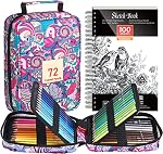 Limous Crayons colorés, 72 Ensemble de crayons colorés avec A5 Livre de croquis et cas de voyage zipper, crayons multicolores avec 7 Couleurs métalliques, bon pour le dessin, le croquis, le mélange et la couche de couleur
