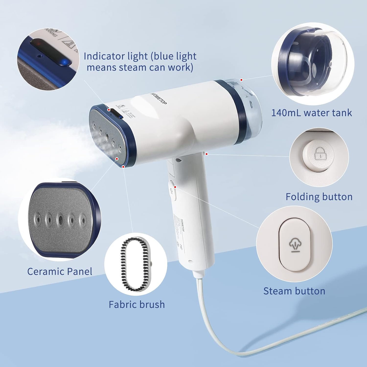 HOMETOP Handheld Steamer for Clothes, 2 in 1 Foldable Garment Steamer, 40s Heat-up, 1300W Powerful Fabric Wrinkles Remover with Brush, Portable Steam Iron for Office, Home and Travel