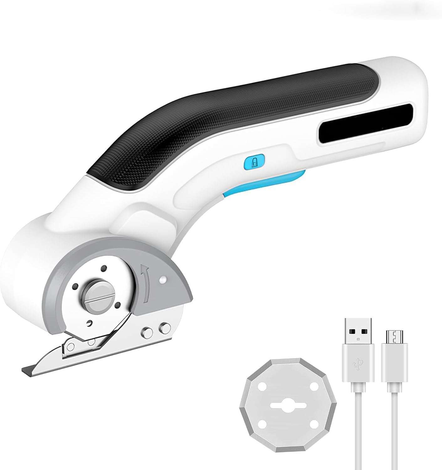 Cardboard Cutter,4.2V Rechargeable Power Electric Box Cutter with Safety Lock & 2 Blades,Cordless Electric Scissors for Cutting Carpets, Leather, Cardboard, Fabrics, Plastics