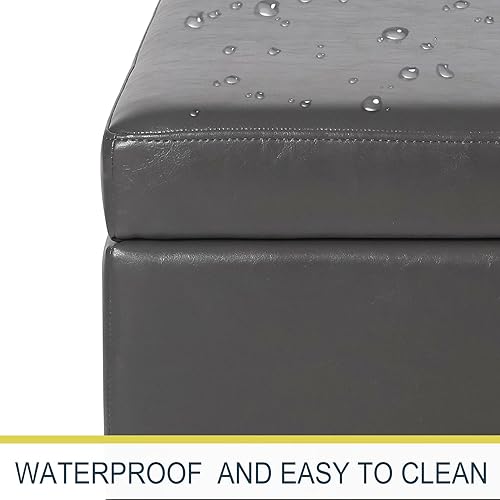 Miniatura 43 de Adeco Otomana de almacenamiento, banco tapizado rectangular de piel sintética con patas de madera, reposapiés, mesa de café para sala de estar,