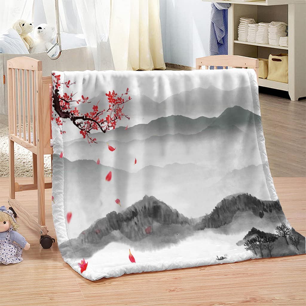 Manta Sherpa Franela Reversible Pintura de Tinta y Paisaje Manta Polar, Manta Felpa de Sofá, 100% Microfibra, Suave, Caliente, Transpirable para Invierno 180x220 cm