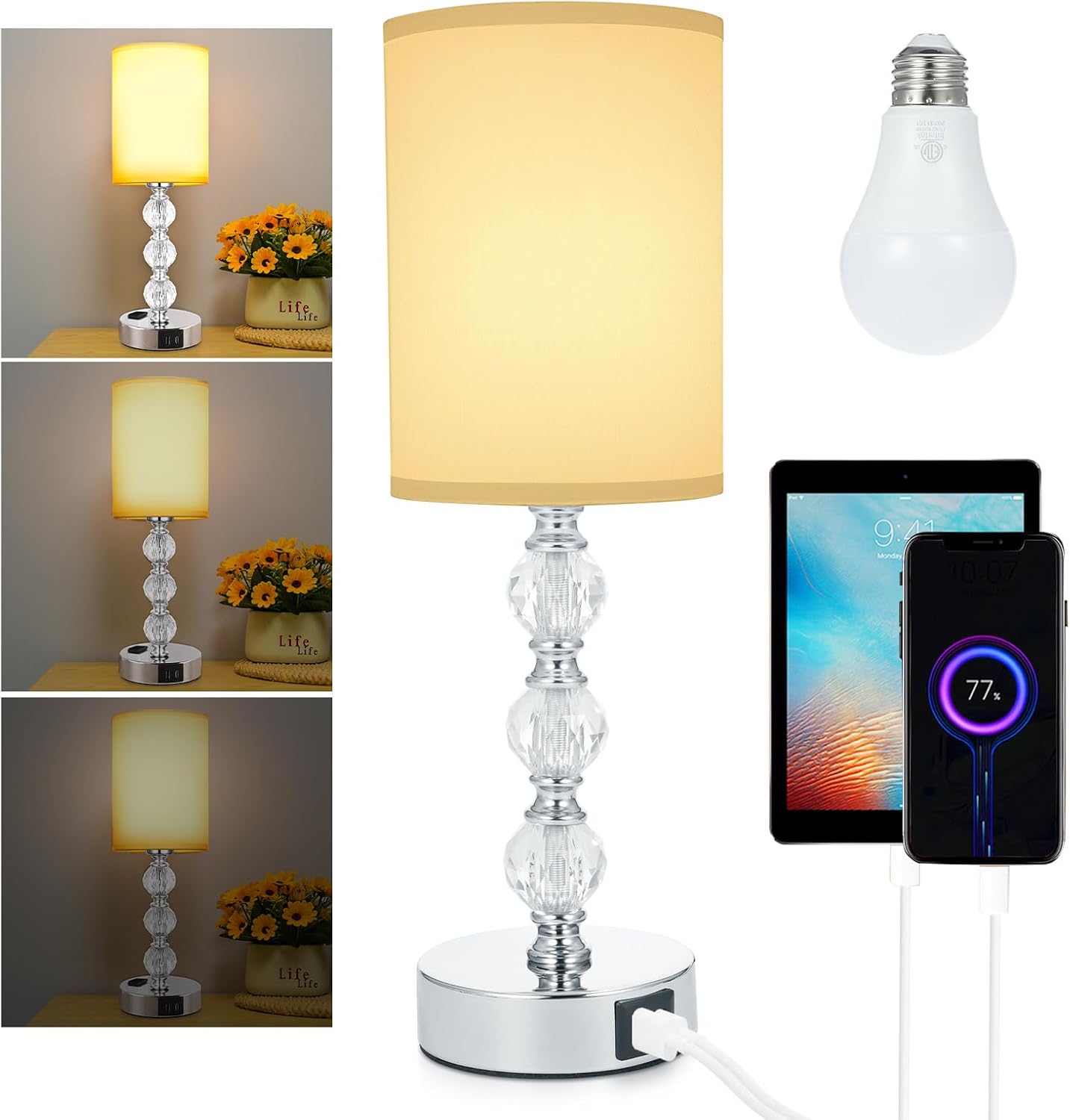 Lixada Bedside Table Lamp Luxury Crystal Touch Lamp Bedroom with 3 Way Dimmable Lamp with 3000K Warm Light Bulb Fabric Lampshade Desk Lamp with USB C+A Charging Port/AC Outlet for Living Room