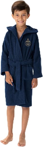 OMYDREAM PSG Vainqueurs Peignoir Enfant | 100% Coton Bouclette | Brodé Cœur & Dos | Avec Capuche | 1 Poche | Bleu - 1