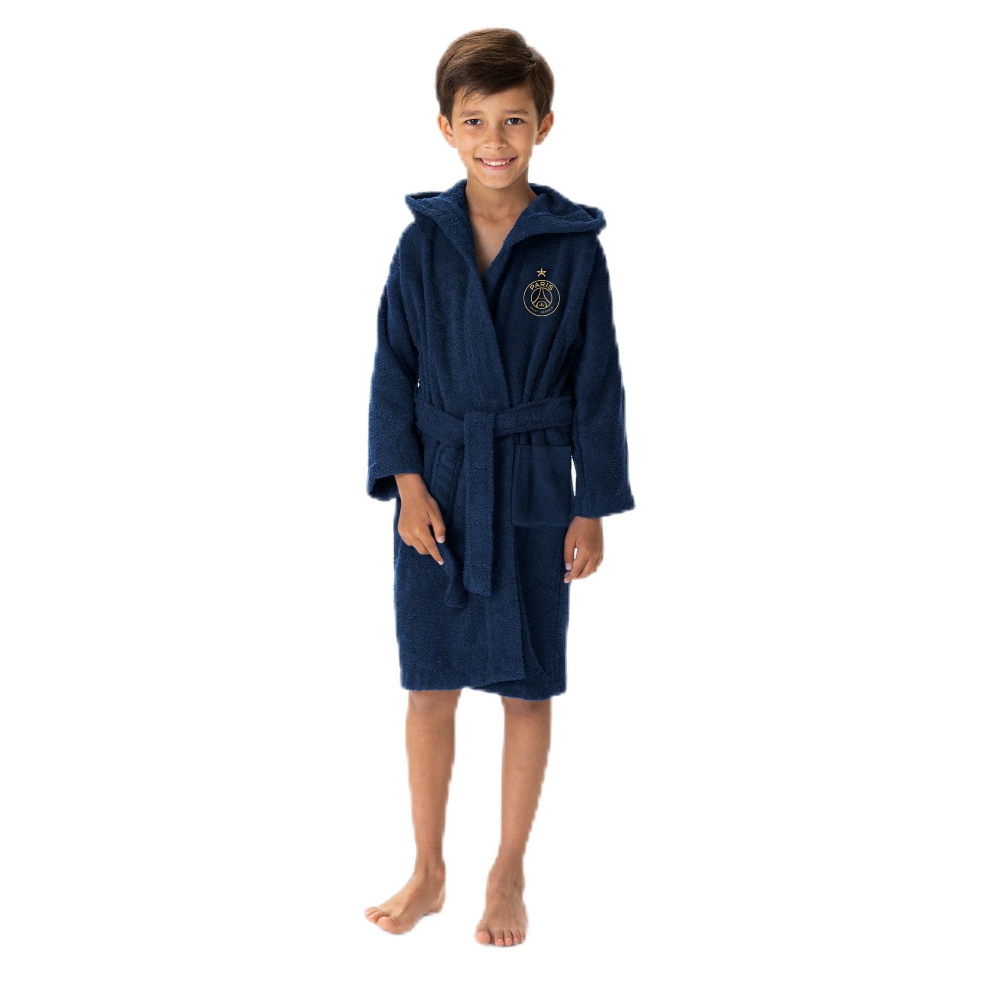 OMYDREAM PSG Vainqueurs Peignoir Enfant | 100% Coton Bouclette | Brodé Cœur & Dos | Avec Capuche | 1 Poche | Bleu