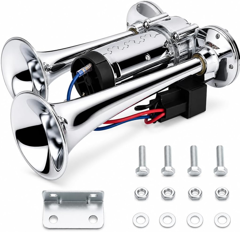600DB Super Loud Dual Electric Air Horns Kit for Vehicles - With Compressor, Applicable for Cars, SUVs, Trucks, Boats (Sliver)