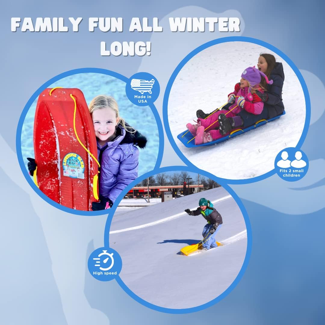 Back Bay Play 47in Snow Sled Racer - High Density Plastic Sled 2 Person Toboggan with Pull Rope & 4 Handles Snow Sleds for Kids and Adult