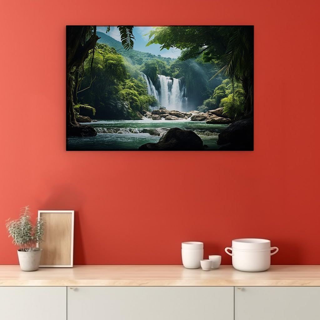 Canvas for Living room. Emerald Cascade Haven: Discover Nature's Serene Symphony in a Forest Waterfall Oasis, 27 x 18 inch Canvas Wall Art - Contemporary Masterpieces - Modern Home Decor