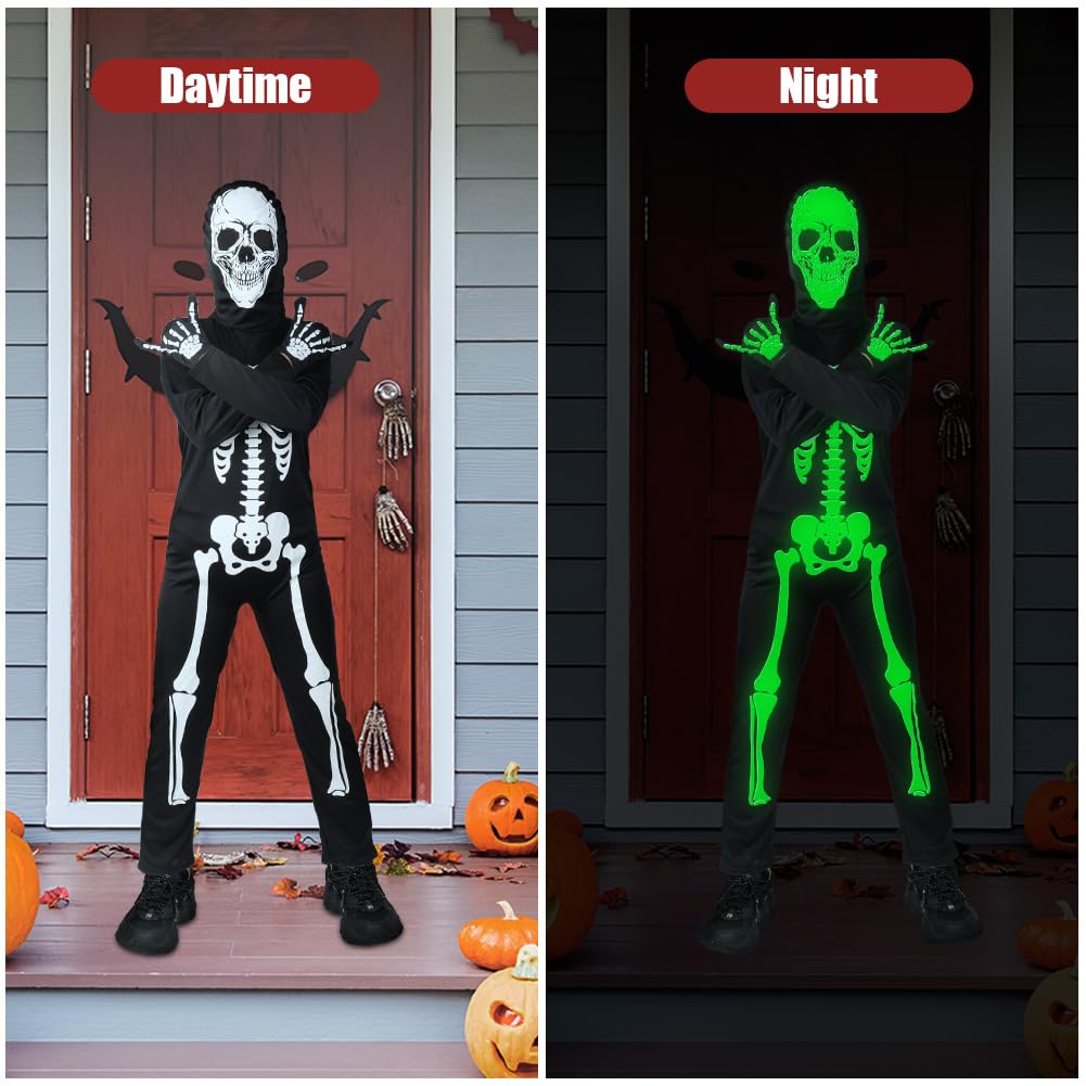 AYBUY Costume da Scheletro Per Bambini, Luminoso Costume Scheletro Tuta Scheletro con Cappuccio, Costume Scheletro Bambino Glow in Dark per Halloween, Carnevale, Theme Party