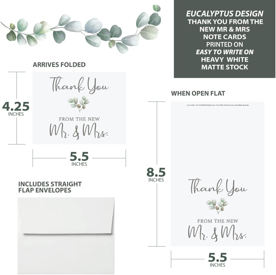 Thank You Note Card Set, Eucalyptus Design, 5.5 x 4.25 Notecard, Blank Inside Easy to Write On Matte Stock with Envelopes (Thank You From Mr & Mrs Eucalyptus - 100 Pack)
