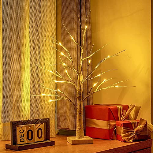 Hogardeck 2Ft 18Lt Led Lighted Birch Tree, Set Of 2 24 Inch White Money Artificial Tree For Christmas Decorations Indoor, Battery Powered Timer Party Home Wedding Mantle Table Top Centerpieces Decor #TOP5