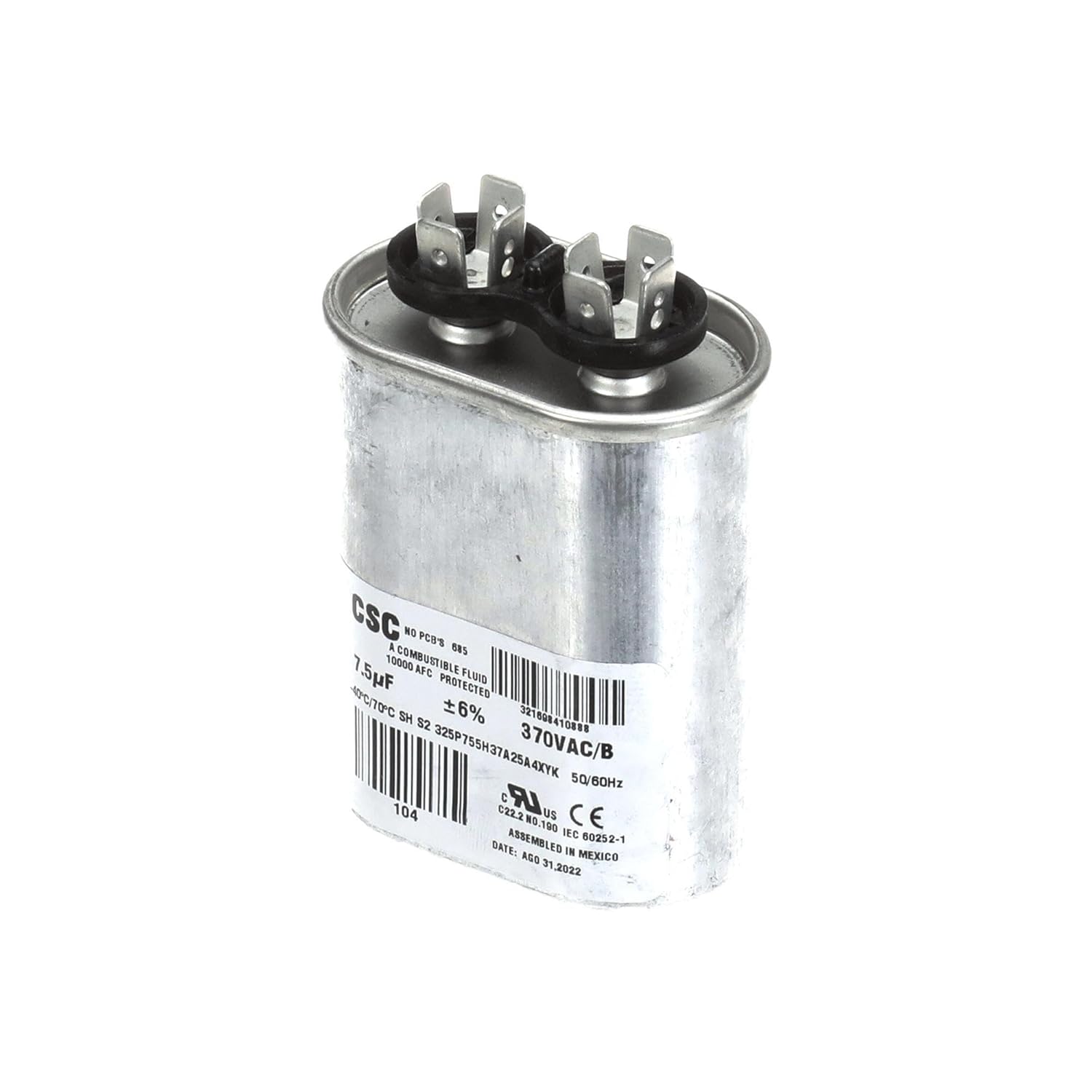 York Single Run Capacitor, 7.5Mfd,370V,Flat