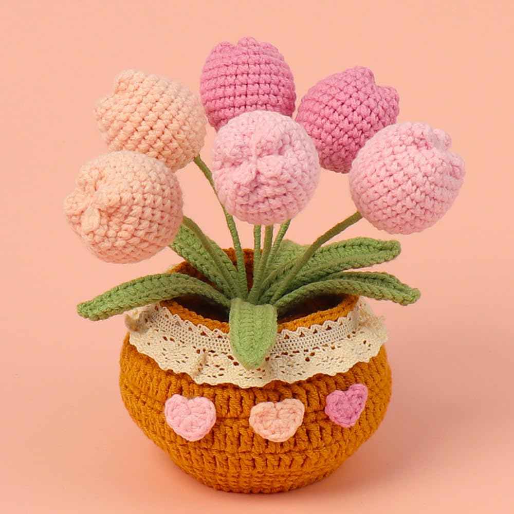 Ramo De 6 Tulipanes De Ganchillo Hechos A Mano - Flores Artificiales De Algodón Con Tallos Flexibles - Multicolor - Decoración Para Jarrón