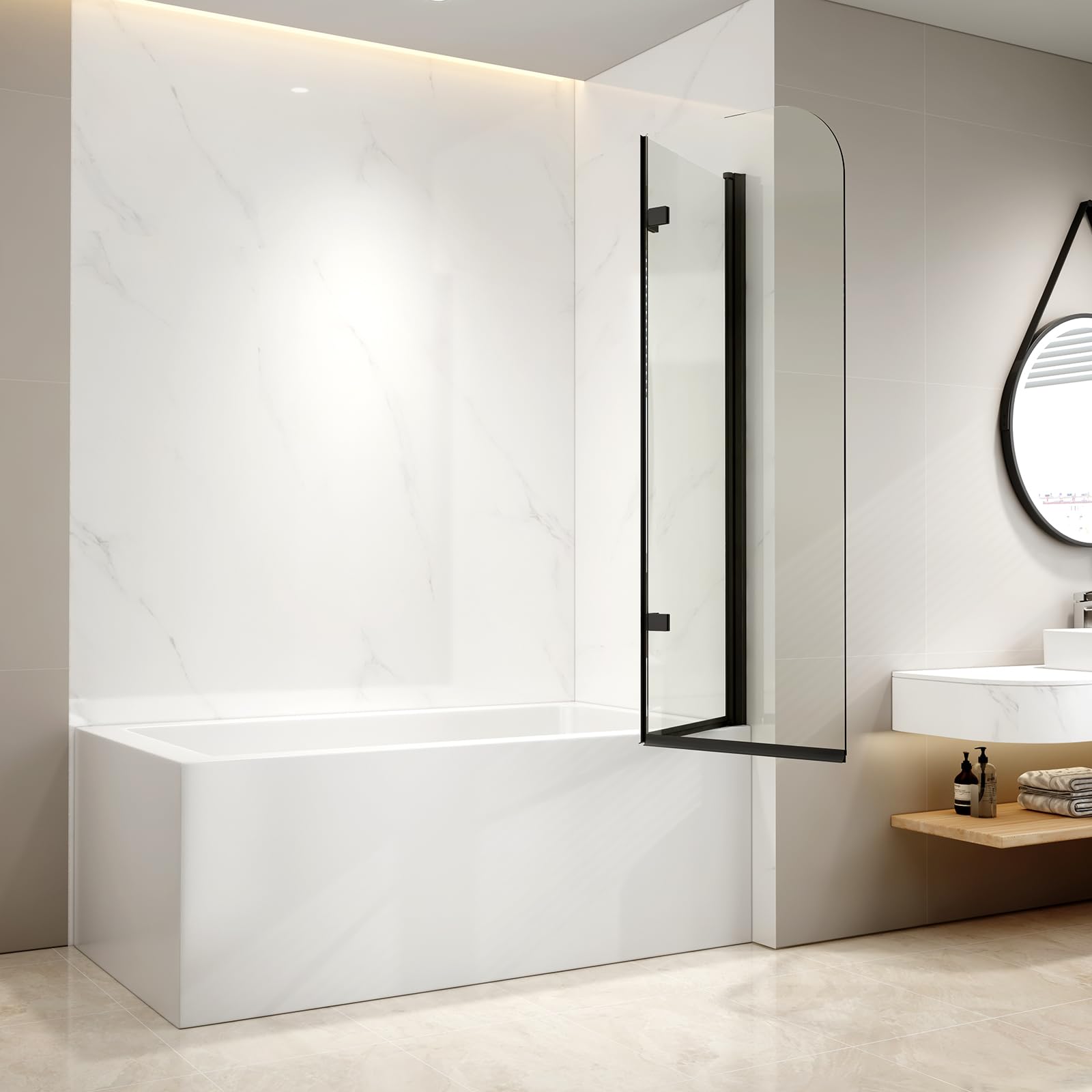 EMKE Mampara de bañera plegable 100x140cm,2 hojas pivotantes, Borde negro | mampara bañera de cristal de seguridad de 6 mm, Giratorio 180°,style industriel,Revestimiento nano fácil de limpiar