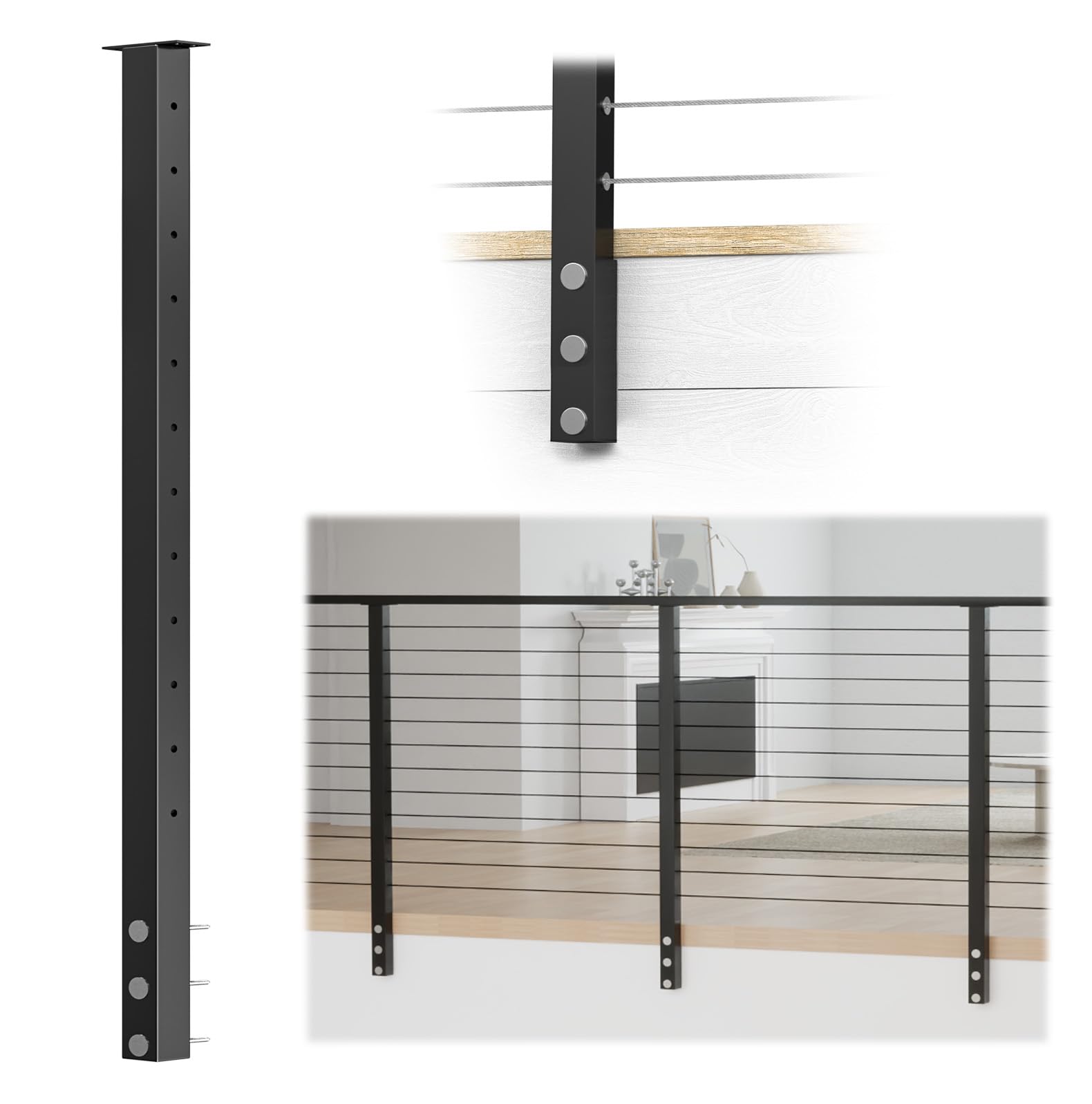 Photo 1 of Muzata Black Side Mount Cable Railing Post 42 Inch 42"x2"x2" Level Drilled Space-Saving Stainless Steel Cable Railing System Kit Indoor Outdoor with User Guide PF02 BH4L