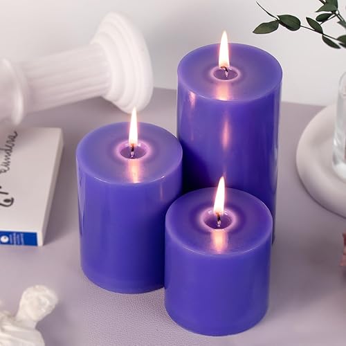 Miniatura 6 de KONNI Juego de 3 velas de pilar violeta sin perfume de 3 x 6 pulgadas a granel, velas de 56 horas de combustión, velas redondas grandes sin humo y