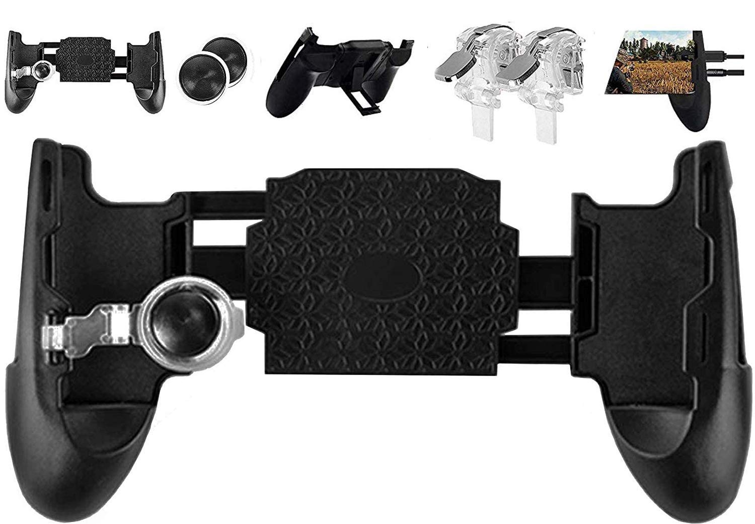 4 Trigger USB Mobile Game Controller with Cooling Fan Adjustable Stand for PUBG/Call of Duty/Fotnite [6 Finger Mode] GAMR+ L1R1 L2R2 Gaming Grip Gamepad