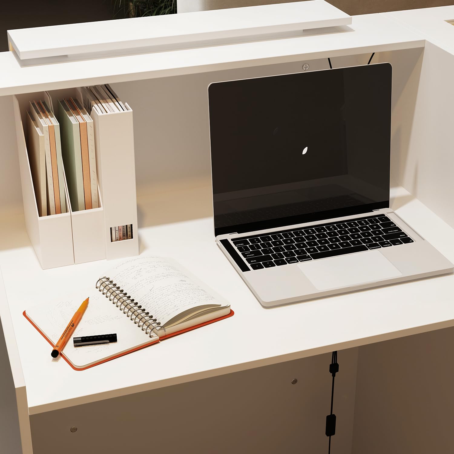 Banco di ricezione ad angolo bianco, con cassetto della tastiera e 2 armadi, cassette con strisce luminose, cassette di ricezione con piano in vetro temperato, tavolo da reception, 120 x 122 x