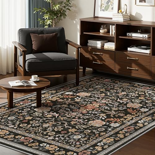 3x5 Area Rugs for Living Room Washable Rugs for Bedroom Cloud Like Soft Morris Floral Rug Non Slip Waterproof Rugs for Entryway Kitchen Bathroom Black