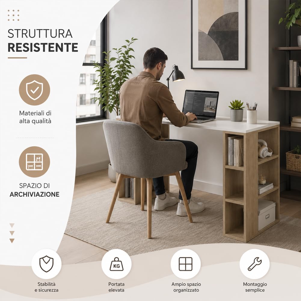 BAKAJI Scrivania con Doppia Libreria 6 Ripiani Tavolo da Lavoro Porta PC Computer Struttura e Piano in Legno MDF Arredamento Casa Ufficio Cameretta Design Moderno 140 x 60 x 75 cm, Quercia