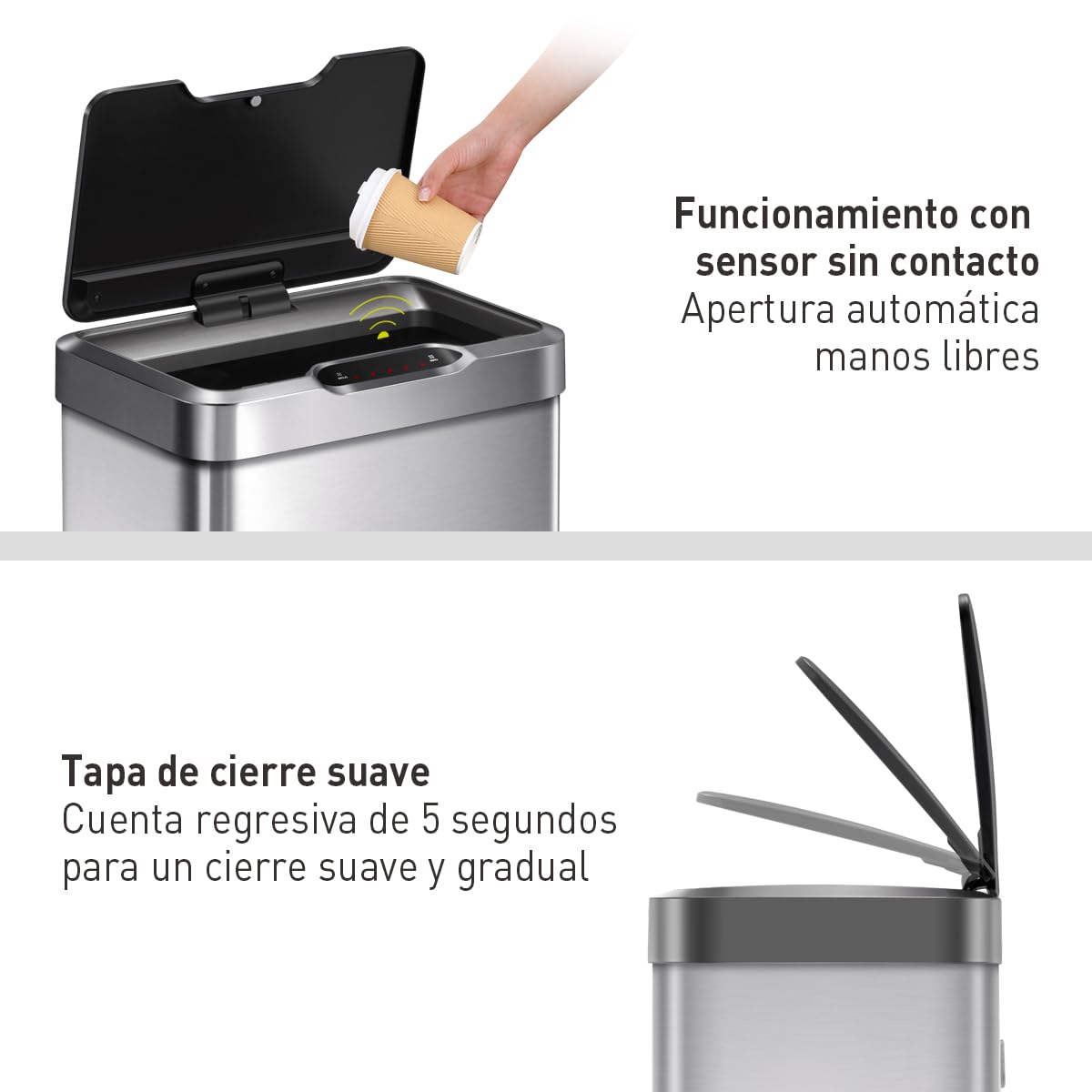 EKO Mirage-T | Cubo de Basura Cocina 50L con Sensor de Movimiento | Papelera Rectangular sin Contacto en Acero Inoxidable Cepillado