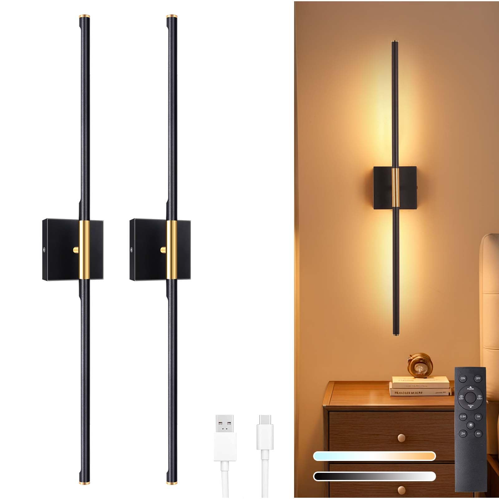 Shenmoyl Battery Operated Wall Sconce Set of 2, 10400mAh Wireless Wall Sconces, 3000K-6000K Dimmable, 350ï¿½Rotate, Indoor Wall Lights with Remote for Bedroom Living Room Bathroom, Black Gold, 31.5 Inch