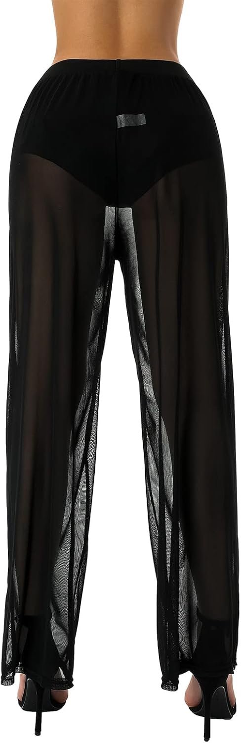 Womens See Through Sheer Mesh Chiffon Beach Pants Wide Leg High Waist Flared Bikini Bottom Cover-Ups - Image 4