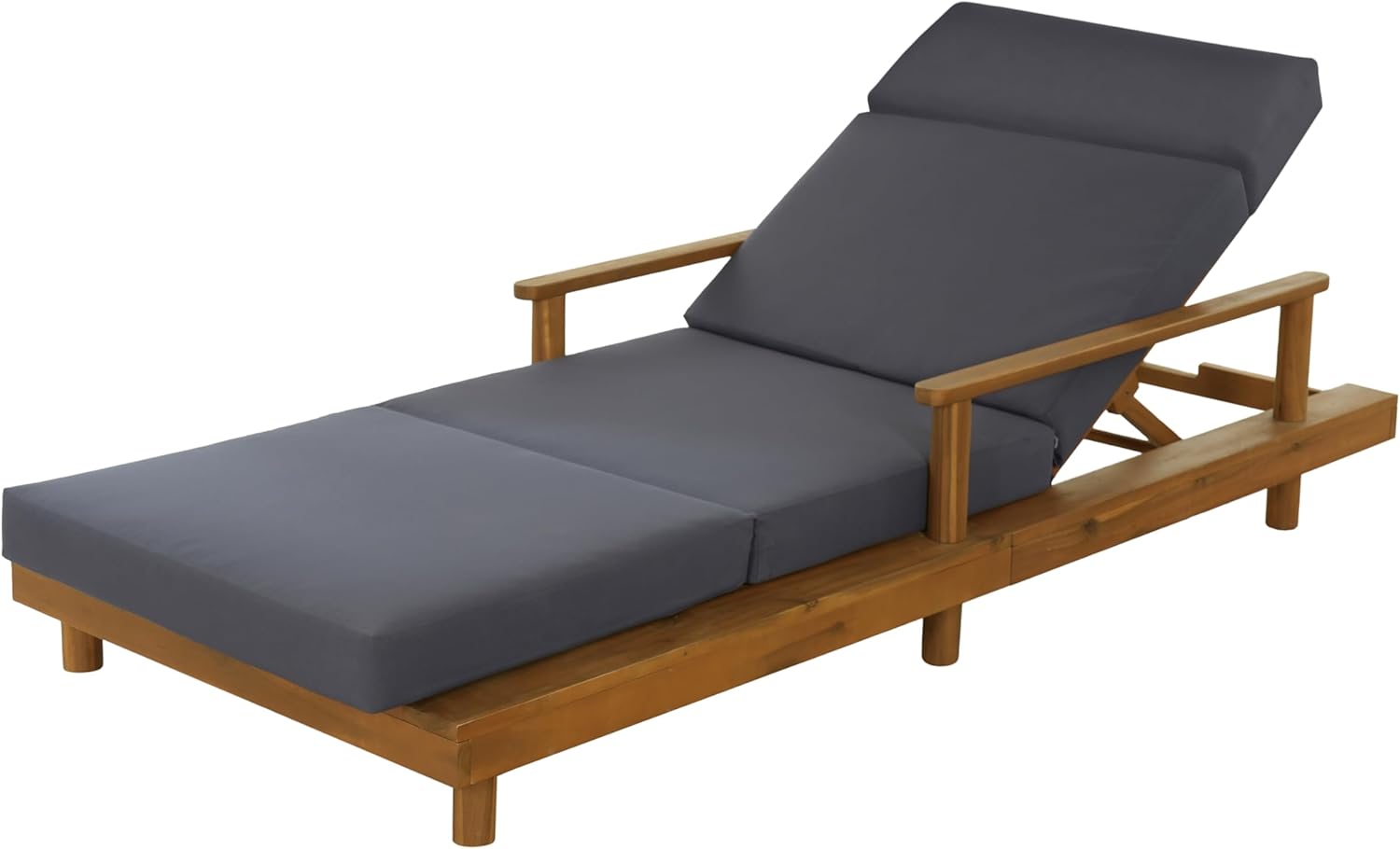 Merax Acacia Wood Outdoor Chaise Lounge Chair with Thick 4-Fold Cushion & Headrest, 3-Position Adjustable Backrest, Modern 76.8" L Large Patio Pool Sun Lounger for Garden Beach Yard, Dark-Grey+Teak