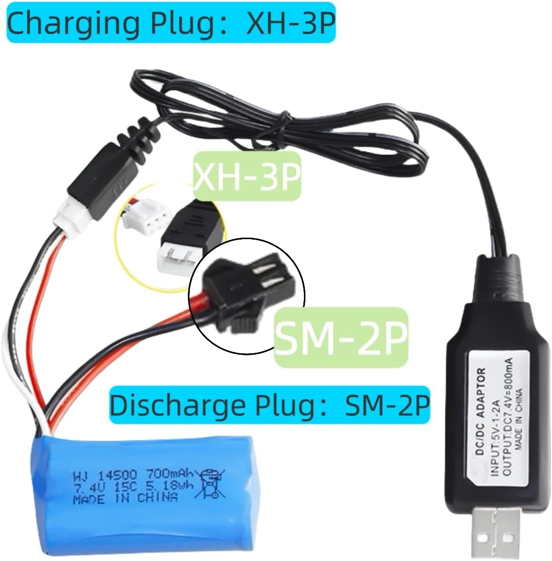 7.4V 700mAh Rechargeable Li-ion Battery Pack with SM-2P Joint and USB Charging Cable for Double Sided RC Stunt Car Small RC Boat Tumbling Amphibious RC Car RC Truck RC SUV high Speed car