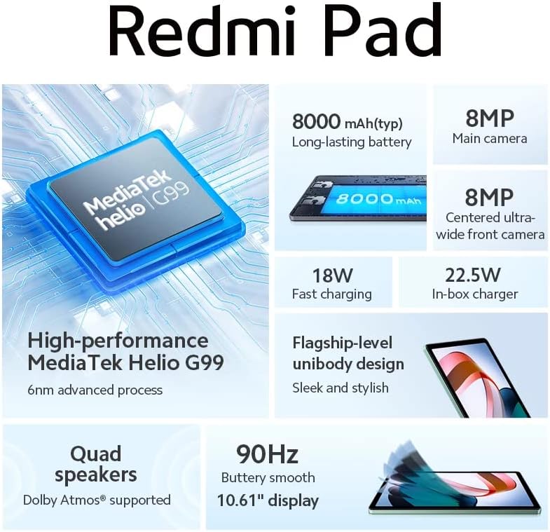 Xiaomi Redmi Pad Tablet 6GB+128GB, display 90Hz, MediaTek Helio G99, batteria 8000mAh (tip), Solo Wifi, grigio grafite [Versione Globale]
