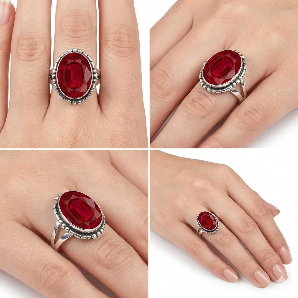 JEWELOPORIUM Chunky Natural Gemstone Ring For Women Moonstone, Tiger Eye, Rose Quartz, Amethyst Oval Boho 925 Sterling Silver Plated Handmade Jewelry