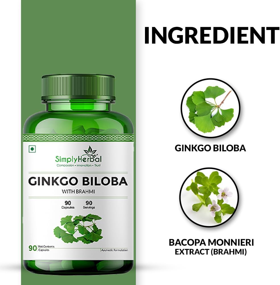 Simply Herbal Ginkgo Biloba 120mg with Bacopa Monnieri Extract Brahmi 380mg for Enhanced Focus, Promotes Blood Circulation, Supports Mental Clarity, Memory and Learning, 90 Capsules