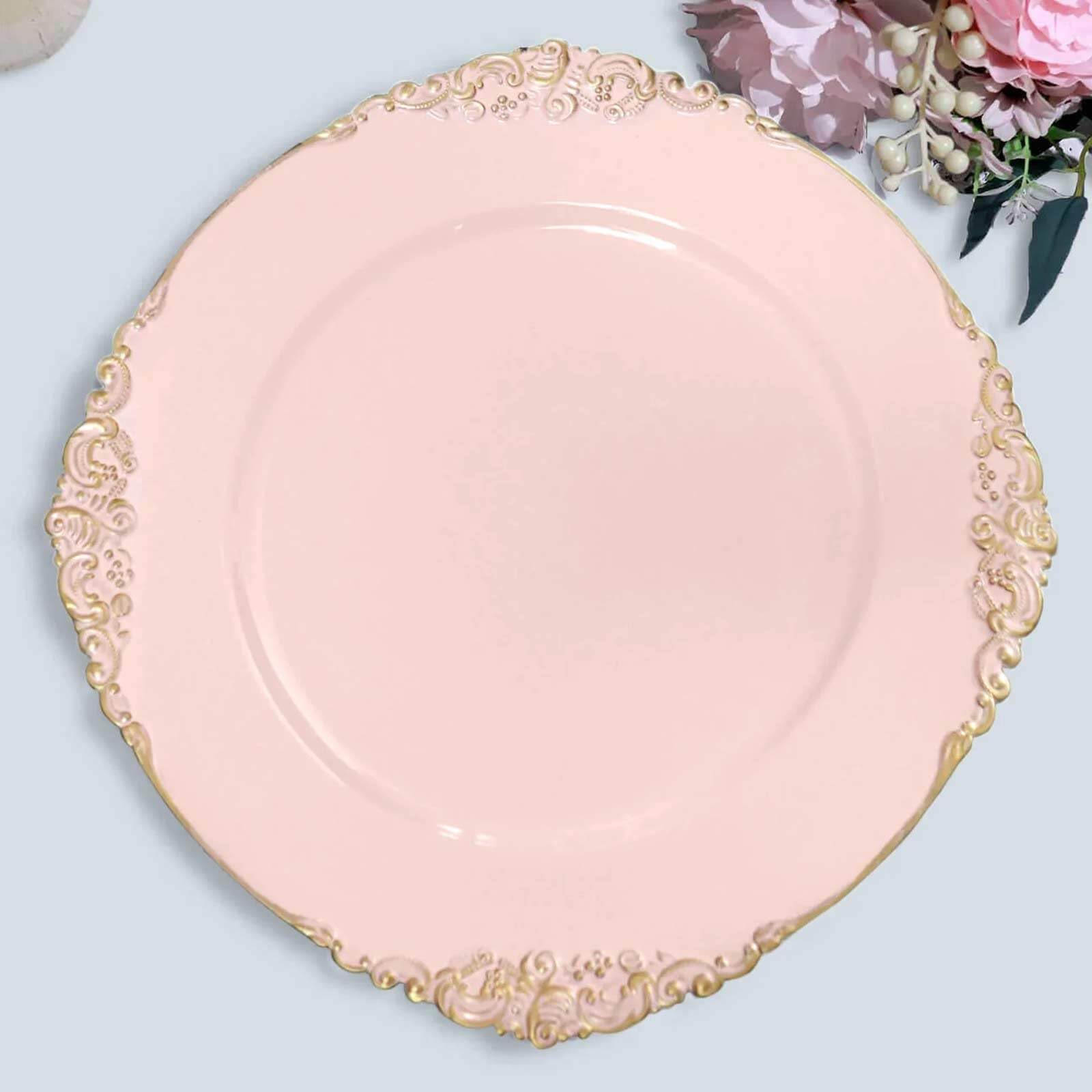 Efavormart 6 Pack Blush 13" Round Baroque Charger Plates Leaf Embossed Rim for Tabletop Decor Catering Event Decoration
