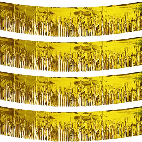 Image of 4 Pack Gold Total 40 Feet Foil Fringe Garland Metallic Tinsel Banner Wall Hanging Drapes Parade Float Skirting Decorations for Trailer Mardi Gras Party Birthday Wedding Baby Shower