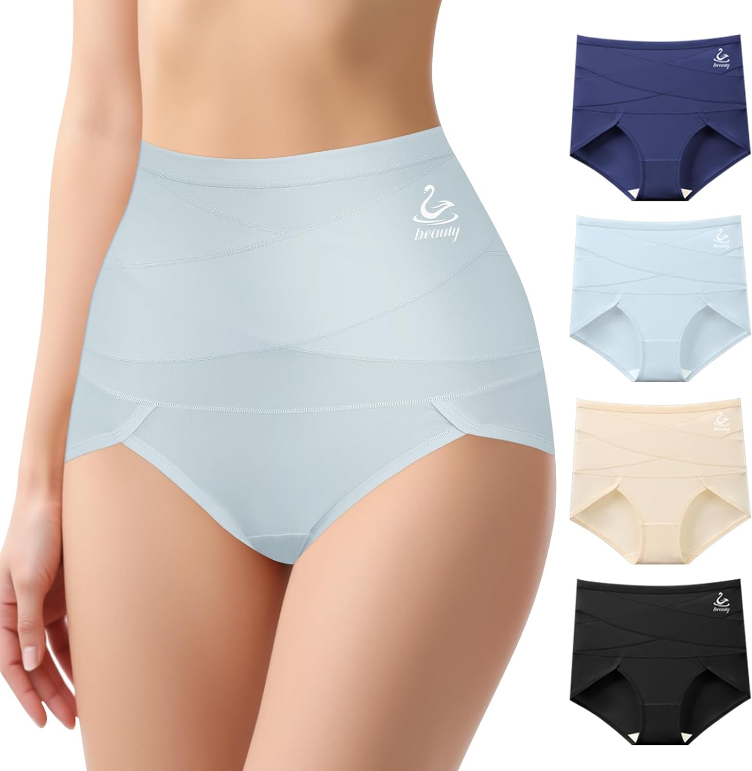 Women's High Waisted Underwear Tummy Control Cotton Panties Full Coverage Postpartum Briefs 4 Pack